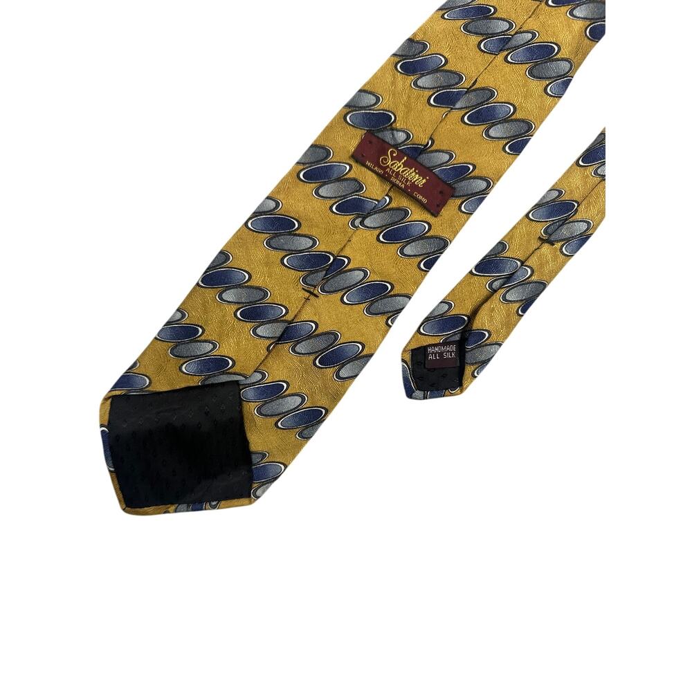 Sabatini Silk Necktie Geometric Gold & Blue Oval Pattern Handmade
